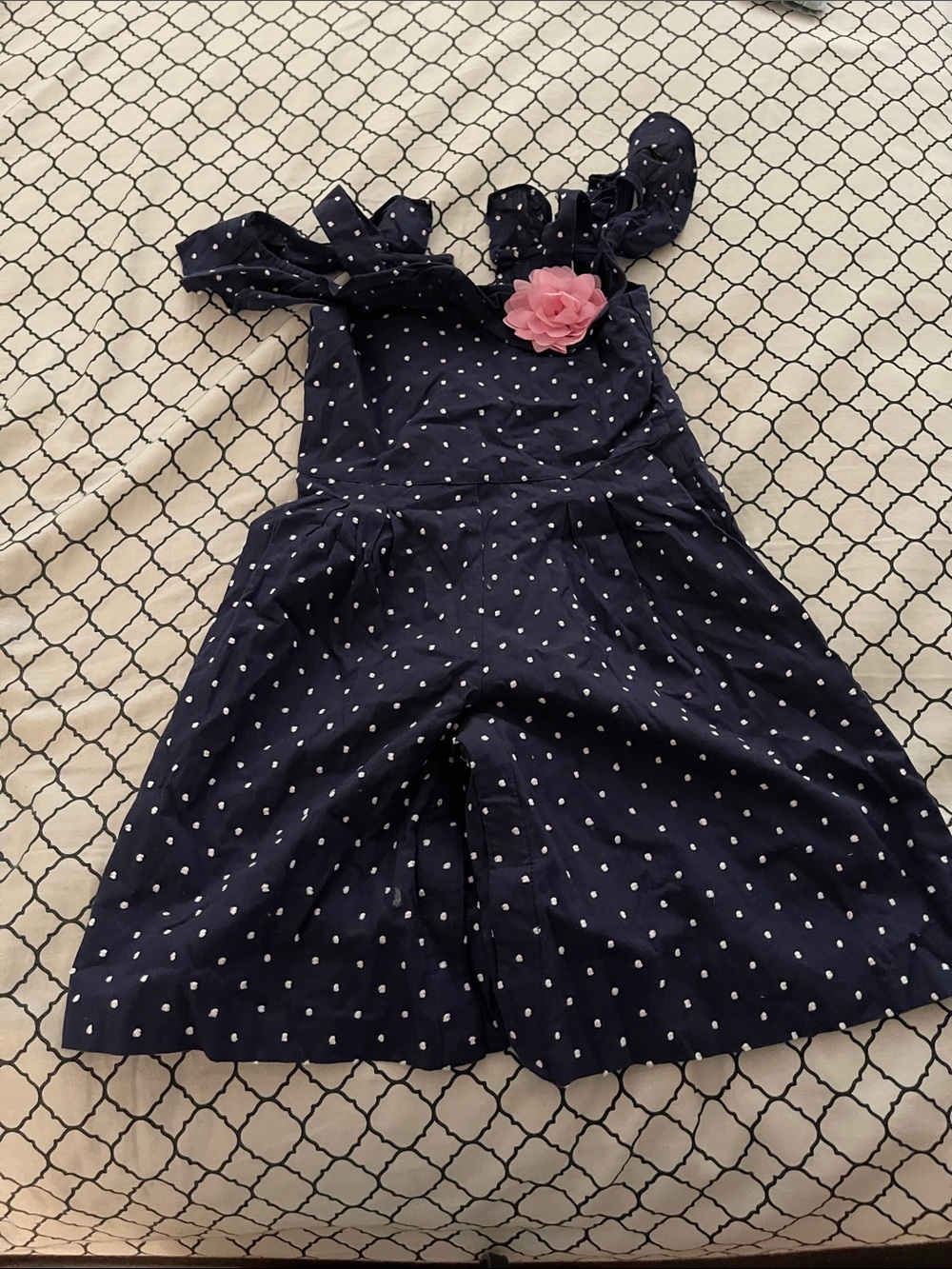 Girls Navy Polka Dot Dress with Pink Flower